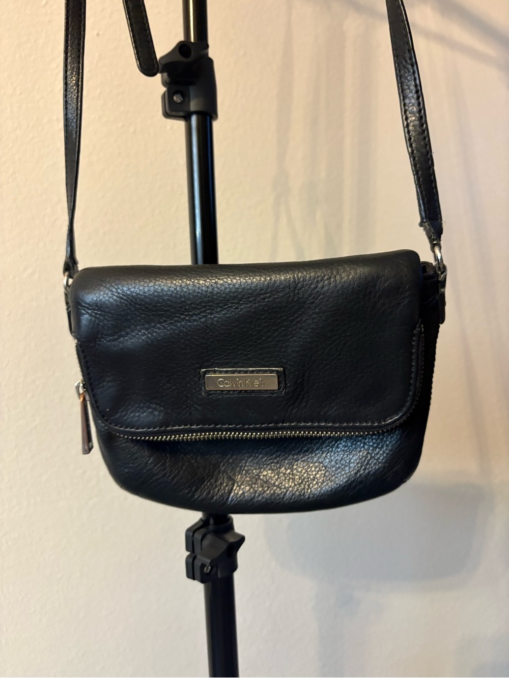 Calvin Klein Black Leather Crossbody with Front Zip Detail